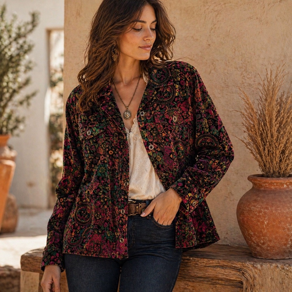 Christopher & Banks Paisley Velvet Jacket Womens Size XL Multi Color Boho Cotton